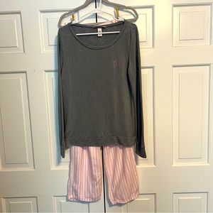 Victoria Secret pink & white striped pajama bottoms with grey long sleeve top